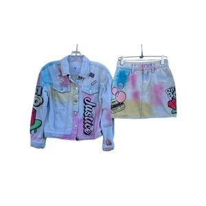Justice Bazooka Ring Pop Denim Jacket and Skirt Set Girls Size 10 Tie Dye Pink